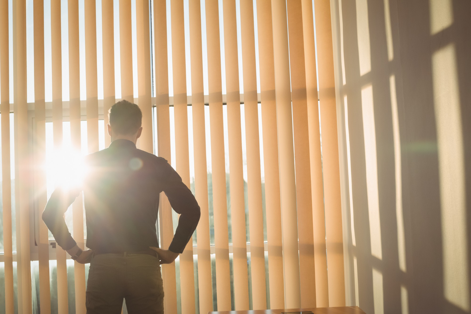 Man standing with hands on hips near window with vertical blinds